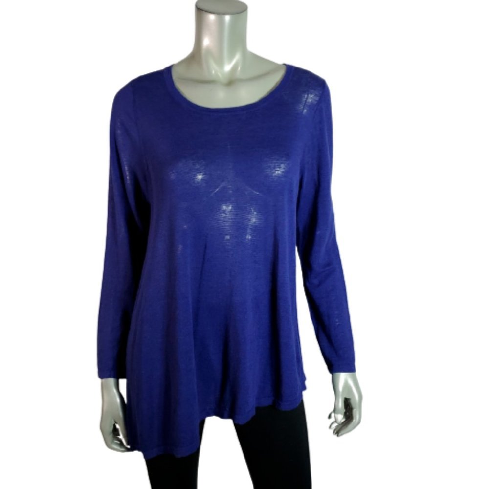 Eileen Fisher Sweater Large Lightweight Linen Asymmetric Hem Stretch Long Sleeve